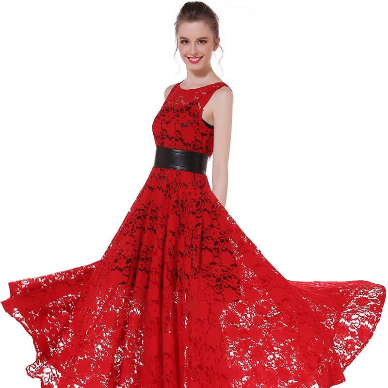 镂空蕾丝连衣裙红色礼服女宴会长款气质裙镂空无袖显瘦气质