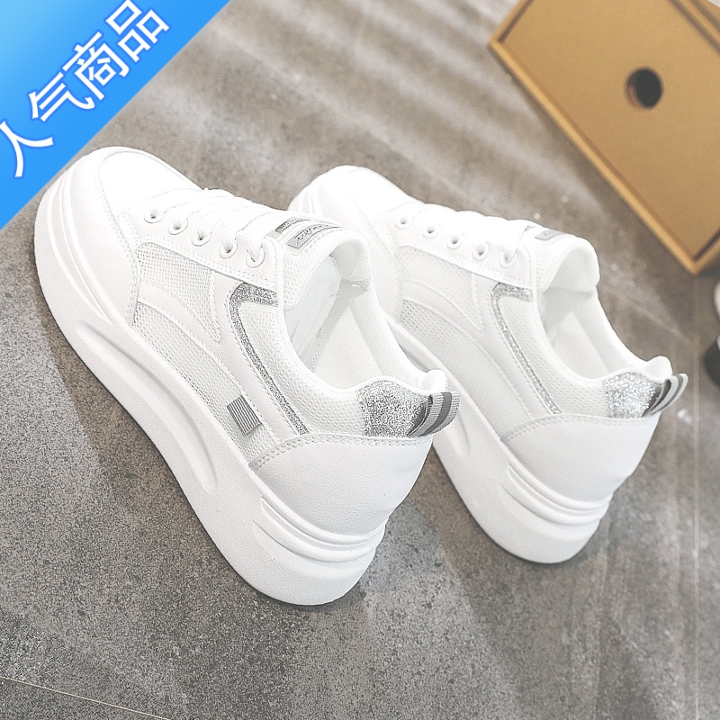 SUNTEK韩国内增高小白鞋女款2023夏季新款百搭帆布厚底板鞋透气女鞋 灰色网面 36