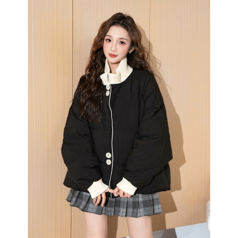 [2.5折价370元]唐狮新款短款羽绒服女冬款立领毛织拼接小个子设计感冬装保暖