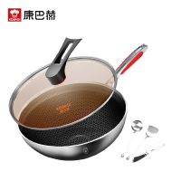 康巴赫(KBH)锅具第四代升级款抗菌不锈钢双面花纹少油烟灶具通用32cm炒锅 送三件套[刀具管制地区,赠品刀更换油壶]