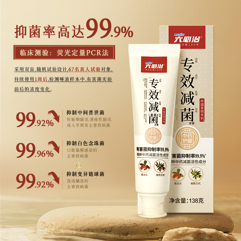 六必治专效减菌牙膏138g送炭丝牙刷2支