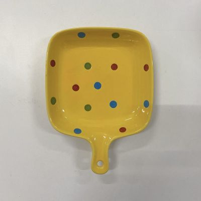 波点可爱陶瓷手柄盘子烤盘可微波炉家用烘焙芝士焗饭盘沙拉意面盘 波点手柄盘--黄色彩点