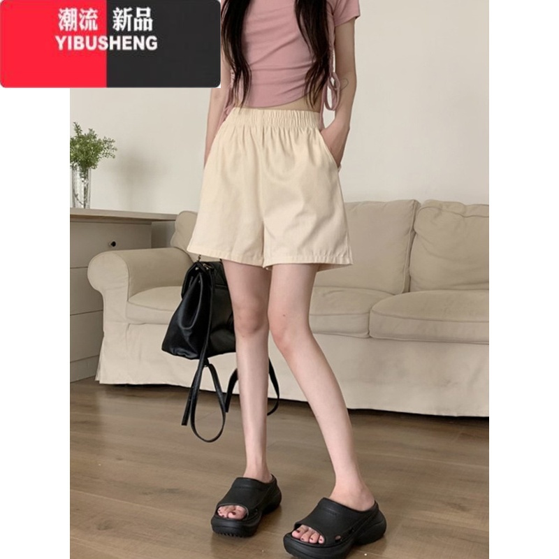 YIBUSHENG松紧腰黑色休闲裤直筒裤女季宽松显瘦中裤阔腿裤短裤小个子裤子高清大图