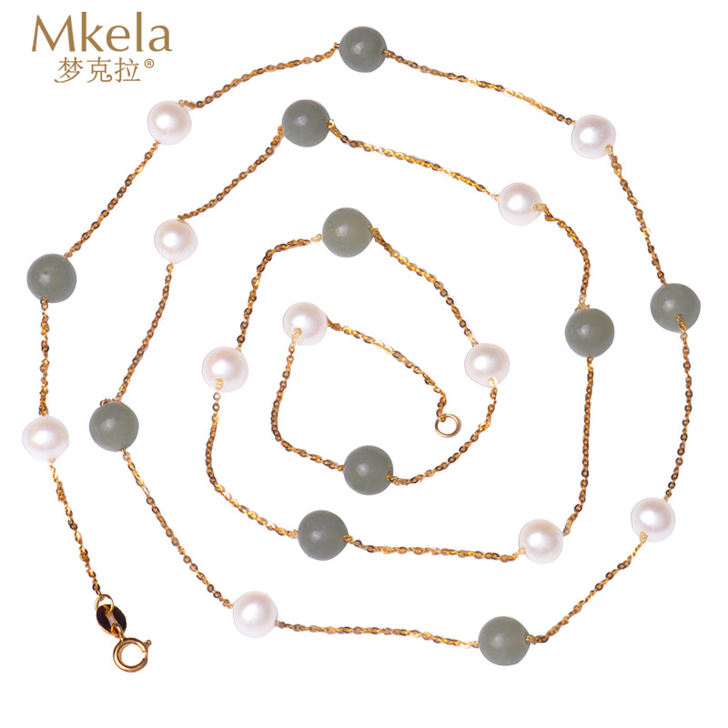 梦克拉 Mkela 18k金淡水珍珠和田玉项链 仲夏夜 满天星 毛衣链 多圈手链 一款多戴 项链 珍珠 近圆