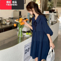 YIBUSHENG娃娃领连衣裙女季2024新款宽松显瘦裙子遮肚子洋气减龄孕妇气裙 2XL建议138-160斤 藏青色