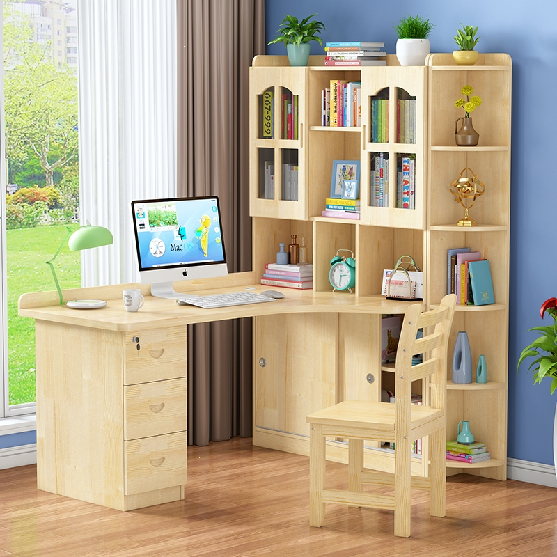 实木转角书桌书架组合一体儿童学习写字桌迪玛森家用卧室台式办公电脑