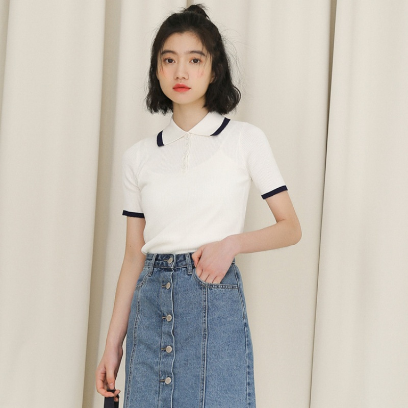 原宿polo衫女可爱学院风夏季韩版百搭紧身冰丝针织衫学生短袖T恤