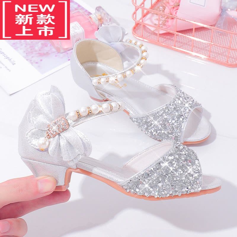 可莉允女童公主鞋主持人钢琴演出皮鞋儿童高跟鞋小孩银色舞台礼服水晶鞋运动休闲鞋图片
