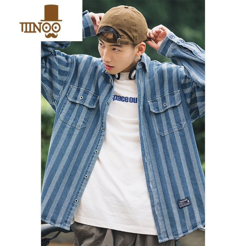 YANXU日系复古竖宽条纹长袖牛仔衬衫男款宽松休闲衬衣男生工装外套