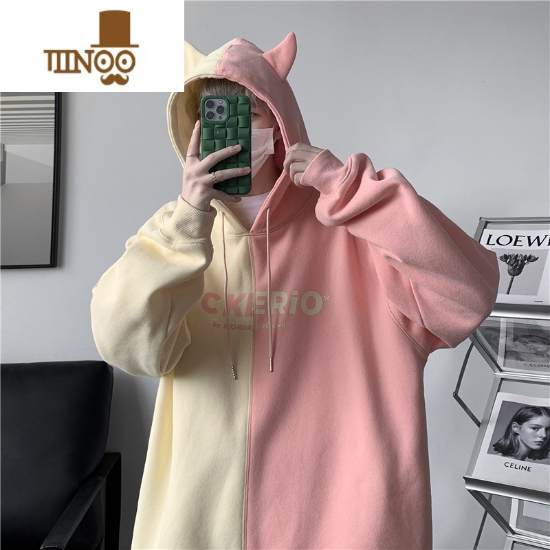 YANXU撞色拼接连帽卫衣男港风宽松慵懒风奶系穿搭潮牌oversize外拼高清大图