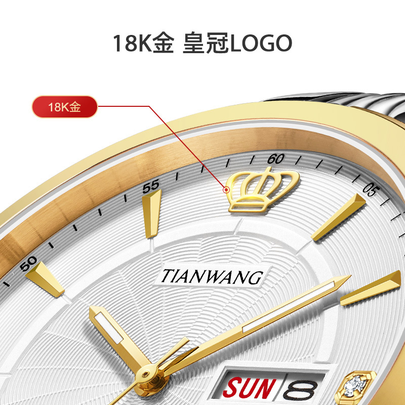 天王金标送福18K金logo尊享版男表商务休闲石英表双历钢带正品男士腕表3731