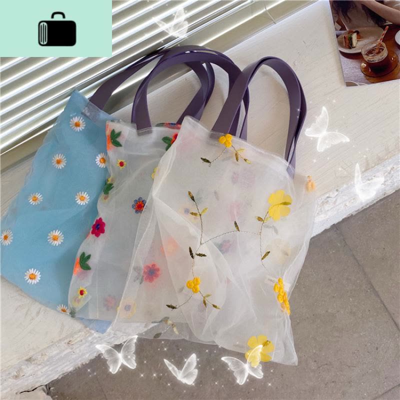 夏季2020新款小清新刺绣花朵透视网纱手提沙滩袋购物小包少女包包NEW LAKE女手包图片