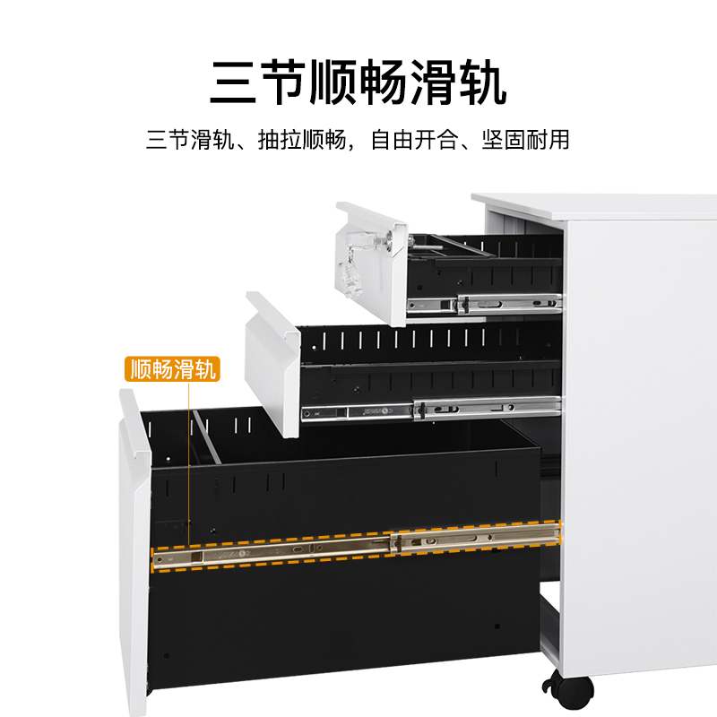 尔迈 带锁移动小矮柜地柜简易活动柜小型办公文件柜办公桌下收纳抽屉柜 三抽鹅颈拉手 白色