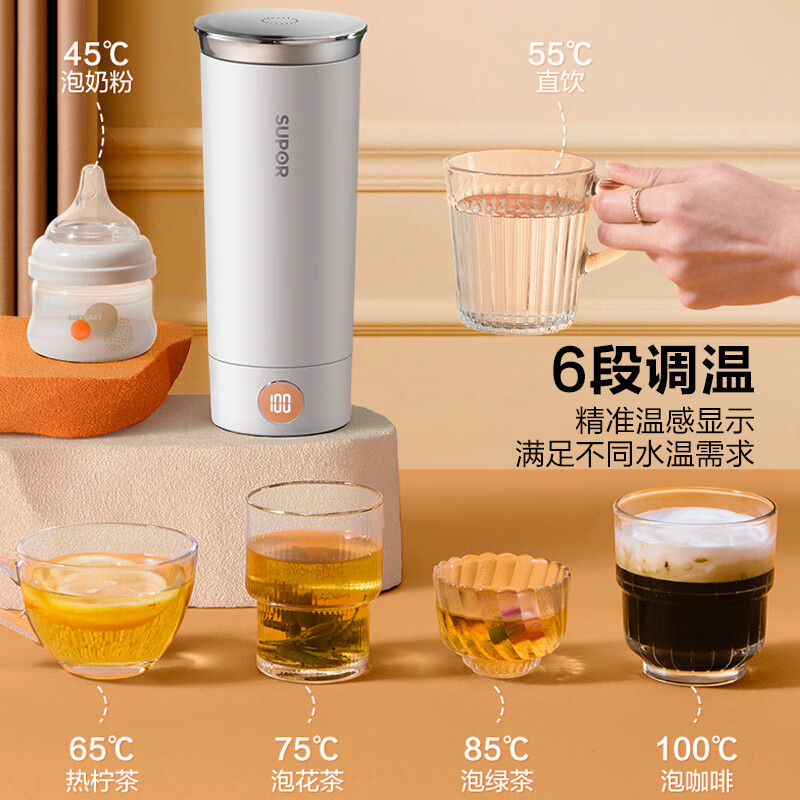 苏泊尔(SUPOR)电热水杯 随行烧水杯 便携式保温烧水壶316不锈钢 旅行冲奶泡茶办公室养生电水壶SW-03T01A高清大图