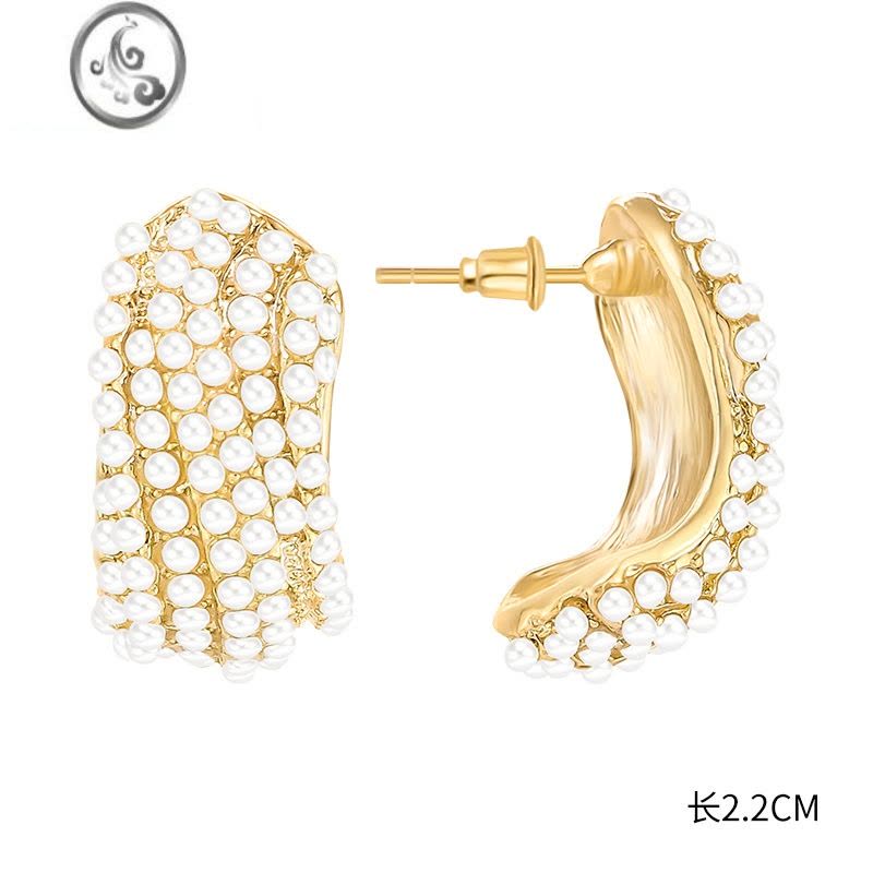 JiMi简约波浪纹S小米珍珠耳环女法式高级感气质耳钉INS风名媛百搭耳饰图片