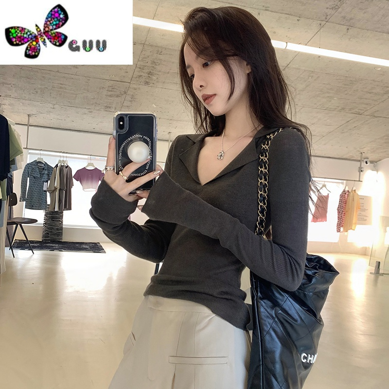 语娄V领毛衣针织衫女修身内搭打底衫法式小众长袖上衣装2023新款