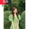 YIBUSHENG2024年新款小个子法式洋气甜美绿色泡泡袖碎花v领连衣裙子女季