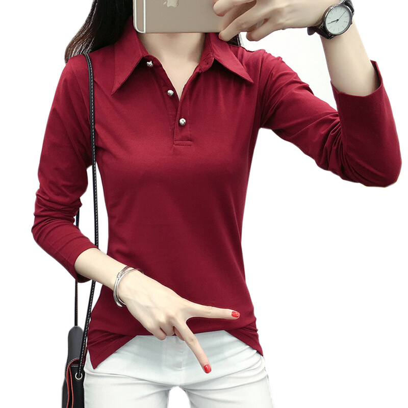 长袖女装春秋季韩版修身显瘦纯色纯棉小衫女士V翻领打底衫上衣
