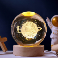 发光太阳系水晶球桌面小夜灯摆件星空玻璃球装饰品生日礼物女毕业 6cm球星空漫步+圆形木底座无礼袋