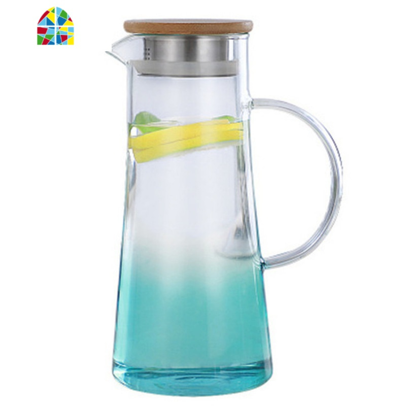 渐变玻璃冷水壶花茶壶套装耐热高温泡茶器凉开水过滤泡柠檬果汁壶 FENGHOU 1.4L孔雀蓝玉立壶凉水壶
