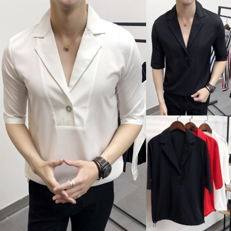 夏款男士中袖衬衫宽松个性纯色衣服潮男五分短袖衬衣7分袖寸衫