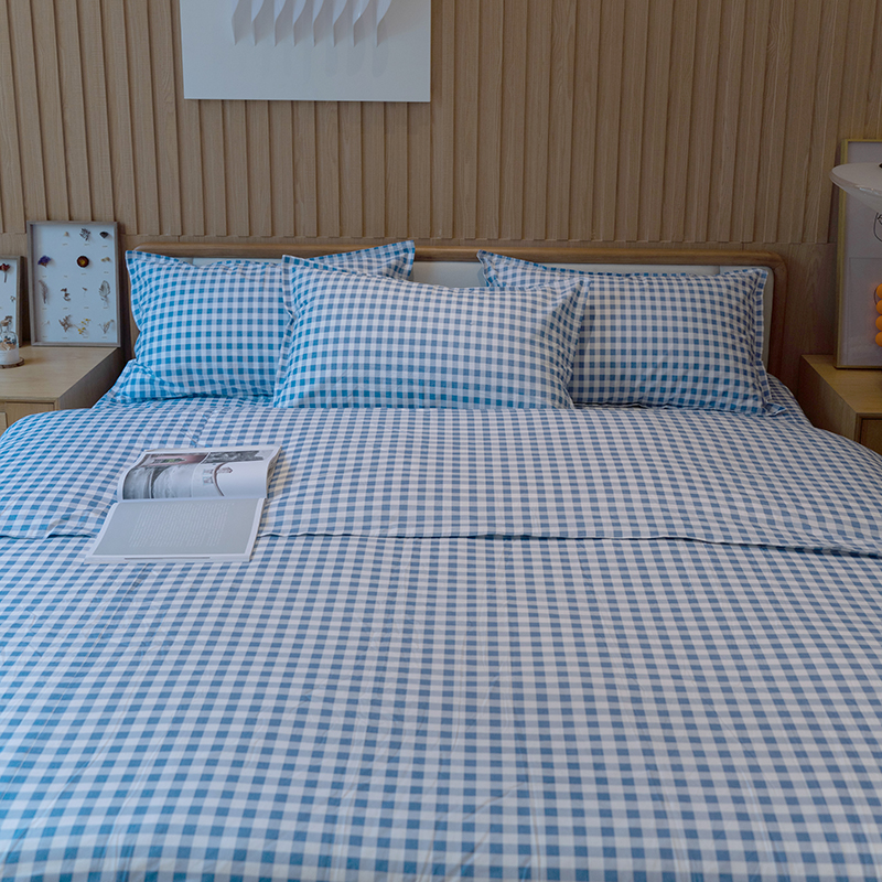 福芳床上用品1.2米床蓝色格纹三件套