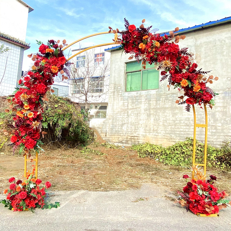 智美环球 铁艺双杆拱门舞台布置T台扎花门婚礼场景装饰背景开业门型架子 (金色架子高2.2宽2米+红色花艺)
