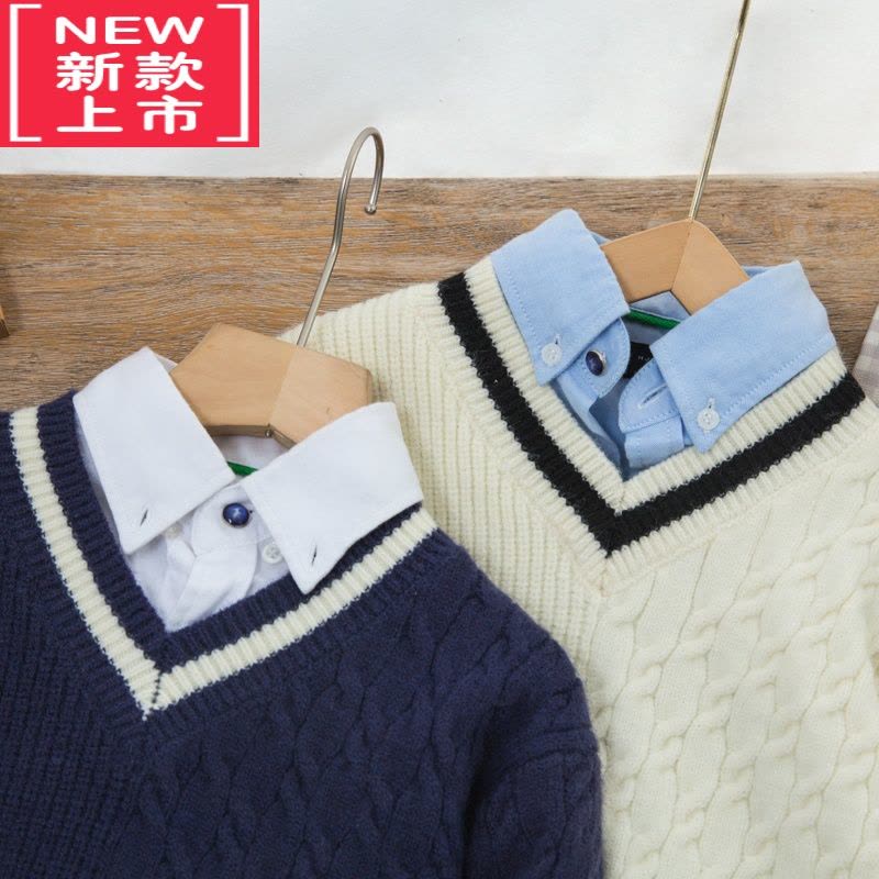 可莉允儿童毛衣男童男孩秋冬季新款中大童洋气百搭v领拼麻花保暖加厚潮图片