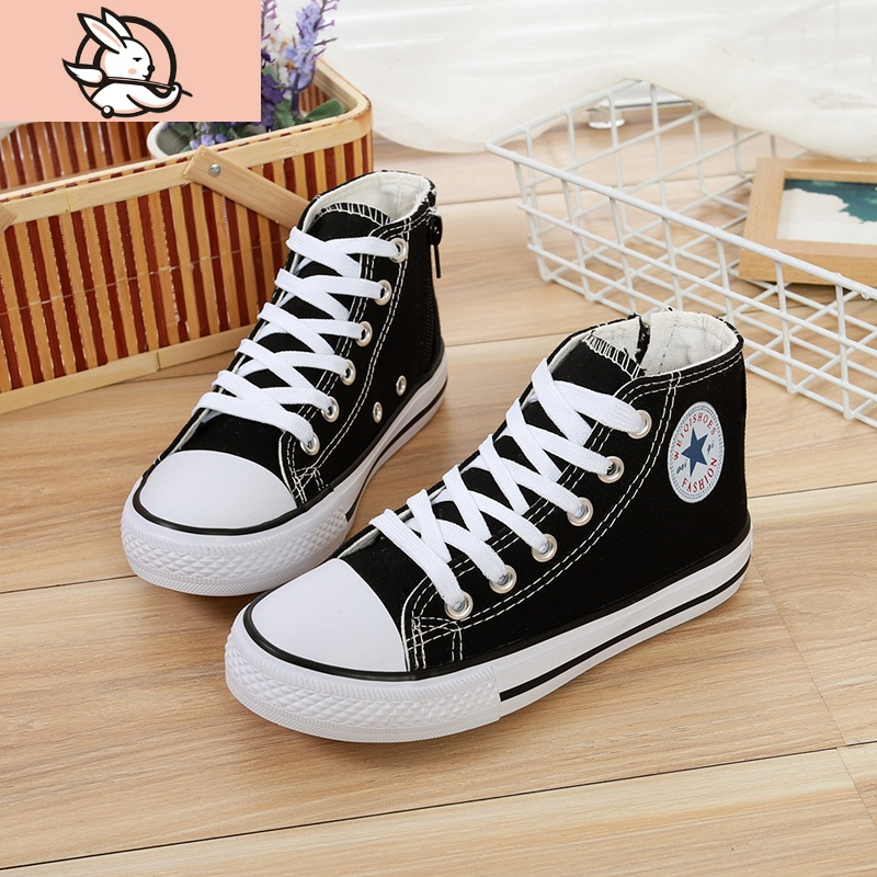 huayangtu儿童高帮帆布鞋男女童侧拉链黑白色布鞋小学生平底休闲鞋