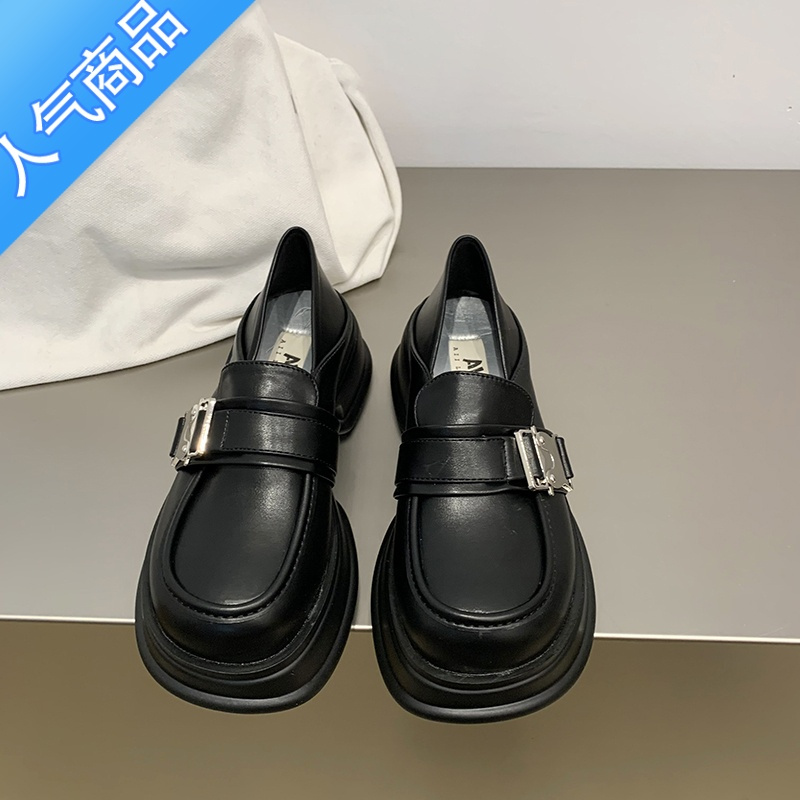 SUNTEK[moca茉卡]厚底乐福鞋女复古圆头增高小皮鞋金属扣英伦风单鞋