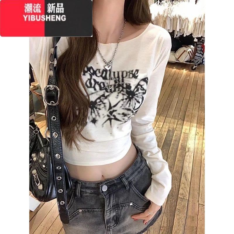 YIBUSHENG美式复古长袖t恤女春内搭短款高腰露脐打底衫辣妹修身上衣服图片