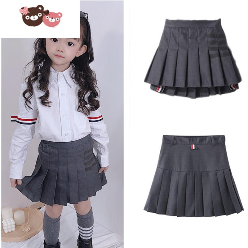 绿彩虹光儿童春夏季新款学院风半身裙女童裙裤百褶裙中大童四条杠条纹