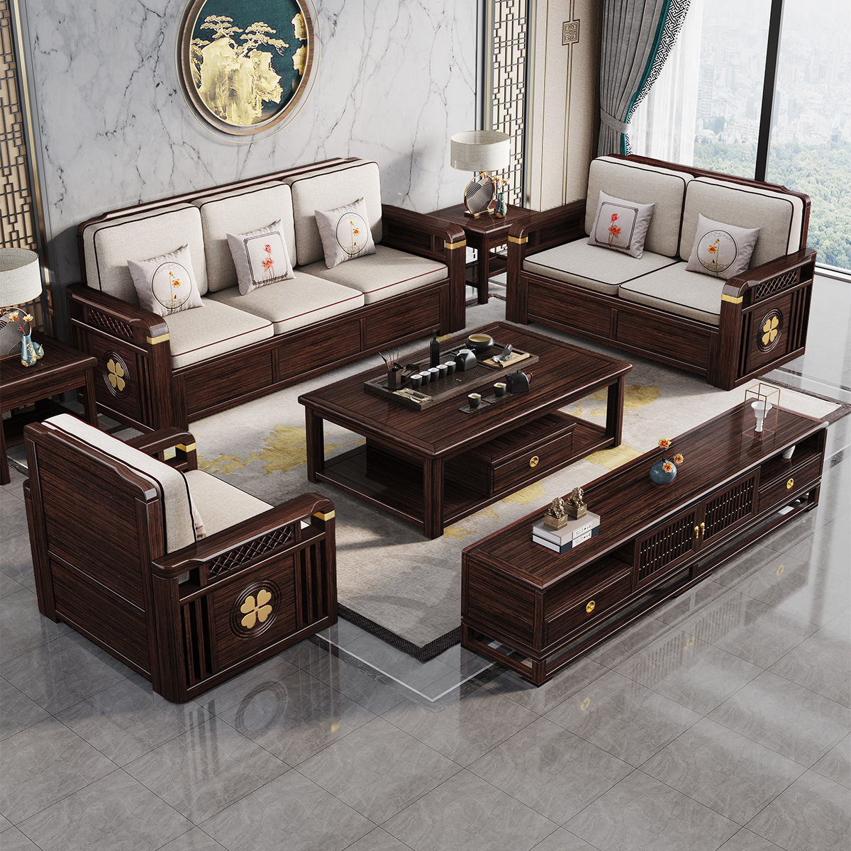 月影梳桐新中式全实木沙发组合紫金檀木大小户型现代简约冬夏两用储物