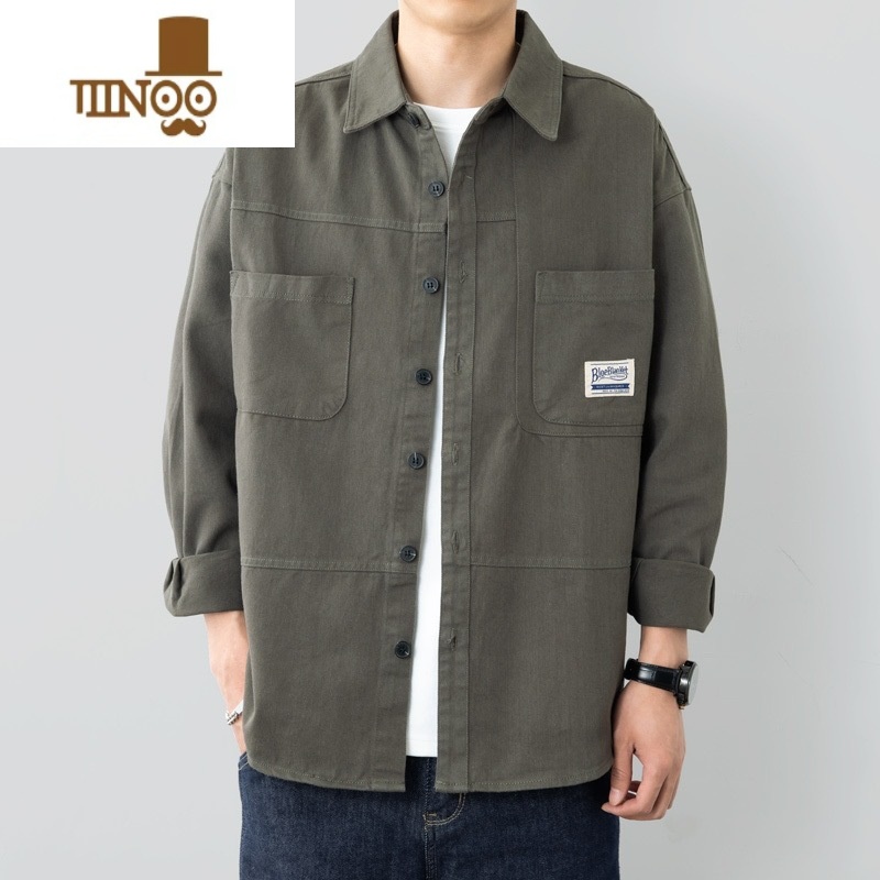 YANXU工装衬衫式外套男士休闲衬衣时尚宽松日系潮流开衫翻领夹克薄 灰绿色 2XL