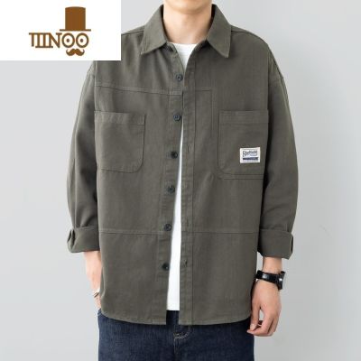YANXU工装衬衫式外套男士休闲衬衣时尚宽松日系潮流开衫翻领夹克薄 灰绿色 2XL