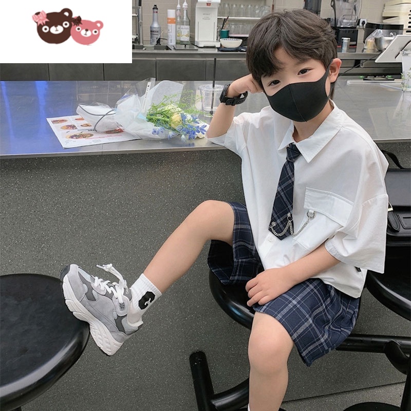 绿彩虹光潮童装男童夏装jk套装学院风酷帅两件套儿童洋气白色衬衫裤子