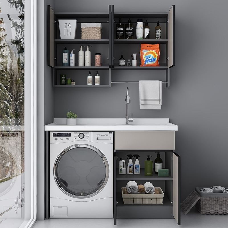 定制洗衣机一体柜阳台组合脸盆定制太空铝洗手池洗衣槽带搓板滚筒伴侣