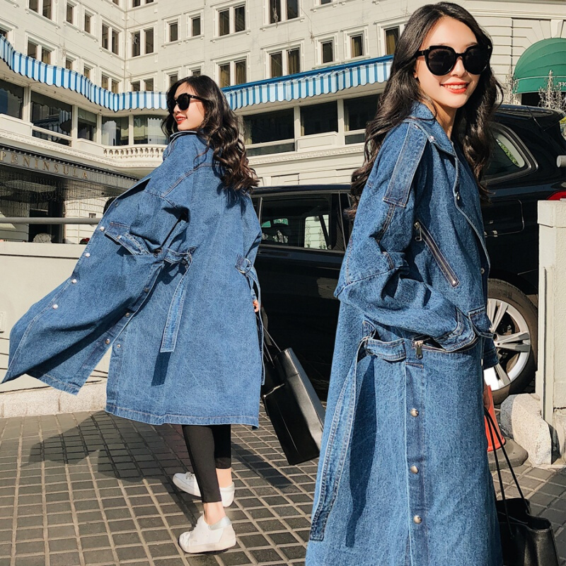 风衣女中长款2018春装新款韩版宽松过膝开叉复古chic牛仔外套图片色