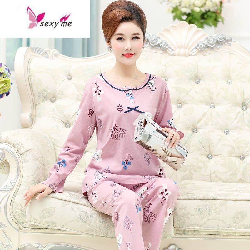 鱼篓(FISH BASKET)秋季新款女士长袖睡衣女中老年棉加大码休闲中年服套装图片