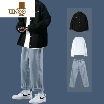 YANXU休闲外套男套装潮牌男生夹克外套搭配牛仔裤一套帅气三件套 外套黑+长白T+牛仔裤浅蓝三件套 L