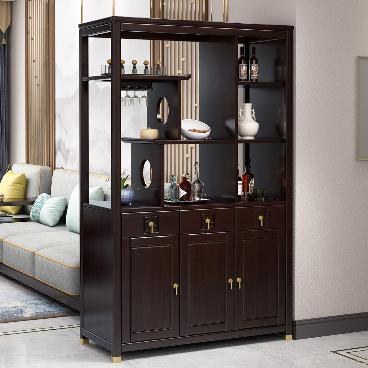 月影梳桐新中式间厅柜客厅实木隔断屏风家具三门带抽屉双面展示柜三层