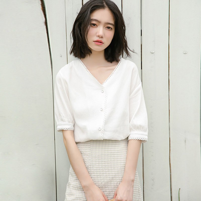 韩范白色漏锁骨棉麻衬衫女夏2018新款亚麻棉短袖衬衣心机中袖上衣白色