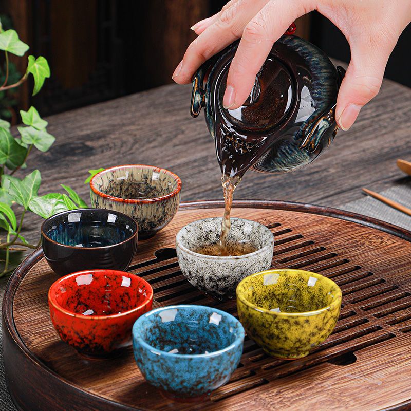 汝窑斗笠杯(黄色) 6只装陶瓷杯子天目釉窑变建盏茶盏茶具小茶杯茶碗主人品茗杯防烫