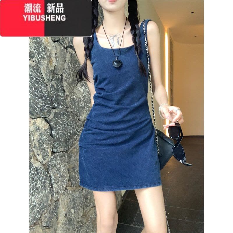 YIBUSHENG辣妹水洗蓝褶皱牛仔吊带连衣裙女季修身收腰包臀裙短裙图片