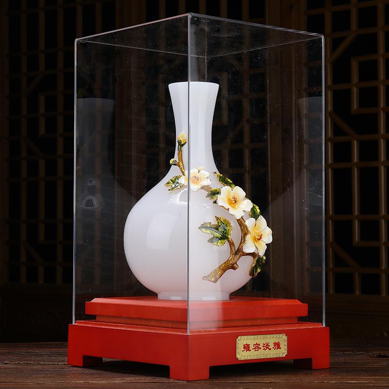 美帮汇雍容淡雅牡丹花瓶摆件白玉玉石大气书房装饰品中式办公室高清大图