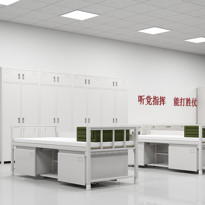 富路达钢制宿舍单层床铁架床加厚内务单人床带鞋柜1.2米宽单人床高清大图