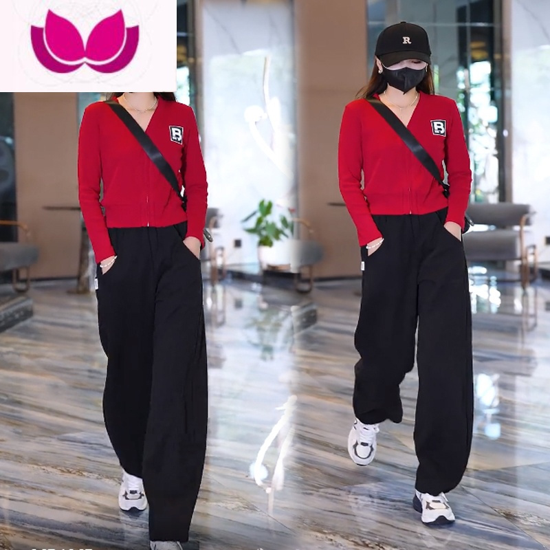 七斓螺纹棉上衣休闲套装女2022秋季新款洋气减龄高腰显瘦阔腿裤套