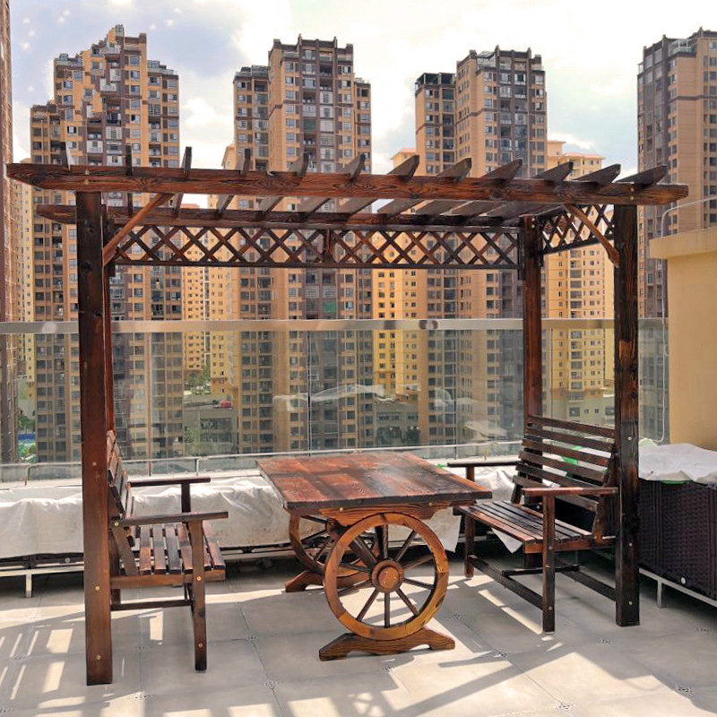 户外实木葡萄架庭院休闲桌椅组合防腐木屋凉亭木质阳台花园爬藤架 普通款有椅子（不含桌子）