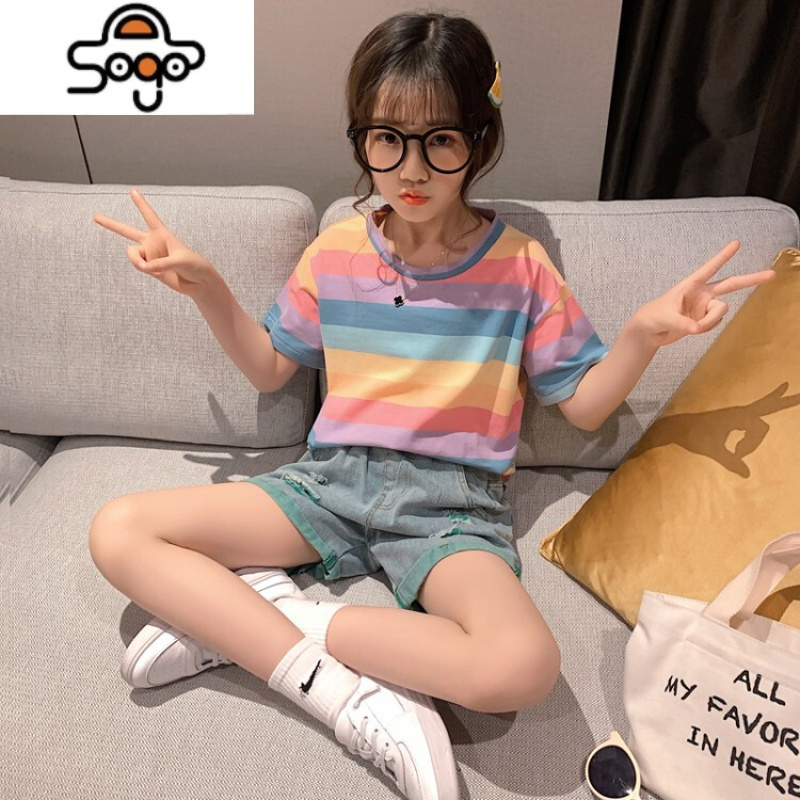 女童夏装套装儿童网红洋气2022新款大童装夏季短袖短裤运动两件套 七色王国
