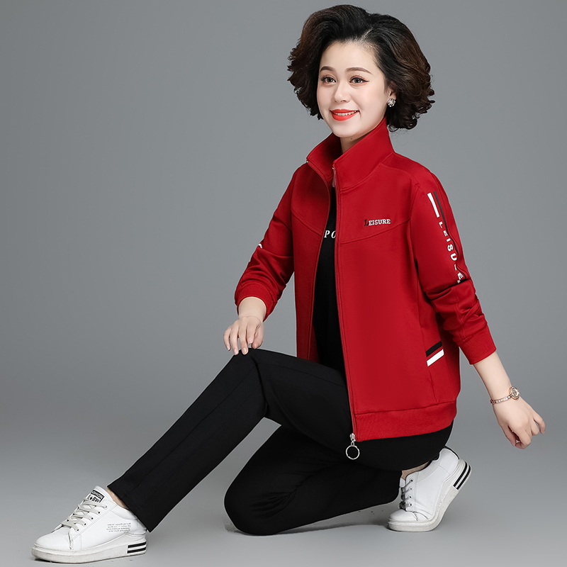 均妮妈妈春装外套中老年运动服套装女春秋中年女装新款上衣春季三件套